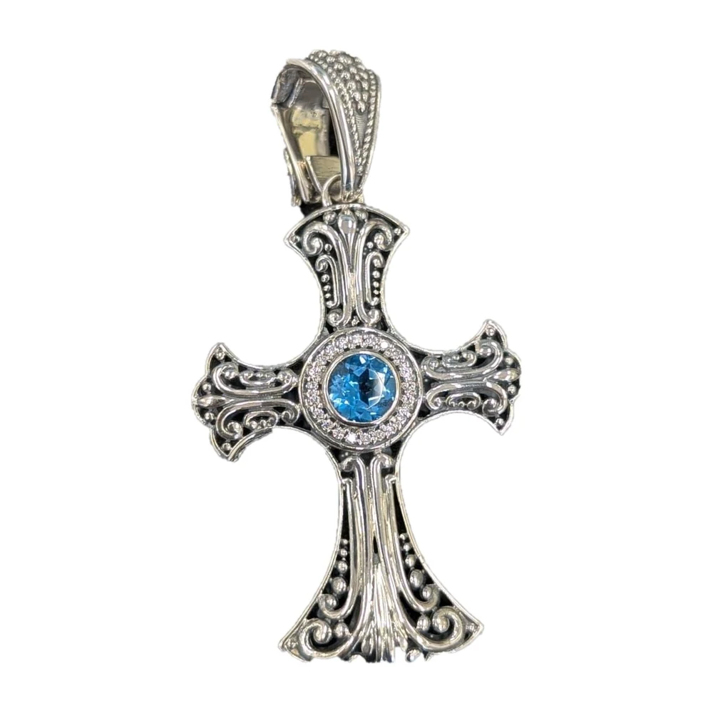 Swiss Blue Topaz Cross Pendant in sterling silver