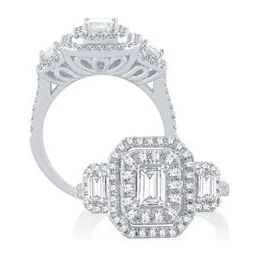 Emerald-Cut Three-Stone Double Halo Ring in 14K white gold