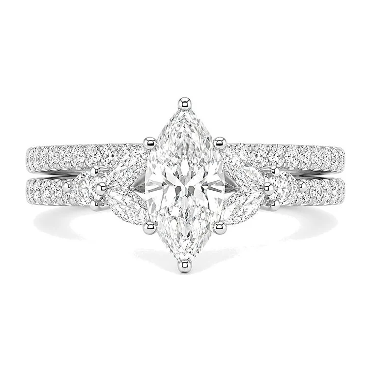 V Marquise & Round Bridal Set in 14K white gold