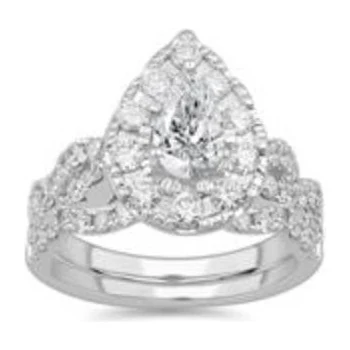 Pear Halo Bridal Set with Natural Side Diamonds in 14K white gold