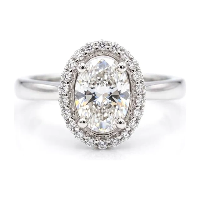 Oval Halo Engagement Ring with Natural Side Diamonds in 14K white gold