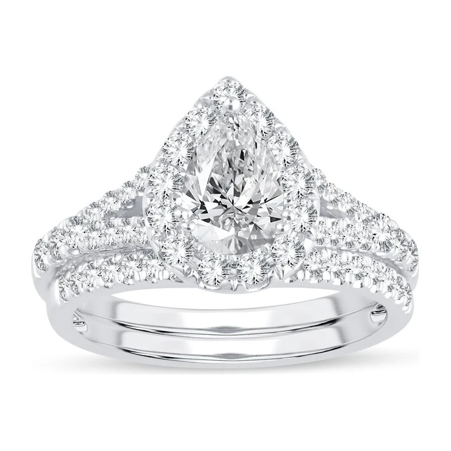 Two-Tone Pear Halo Bridal Set in 14K white & rose gold