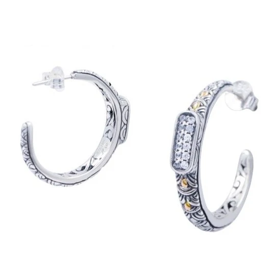 Scalloped Bar Hoop Earrings in sterling silver with 18K gold accents